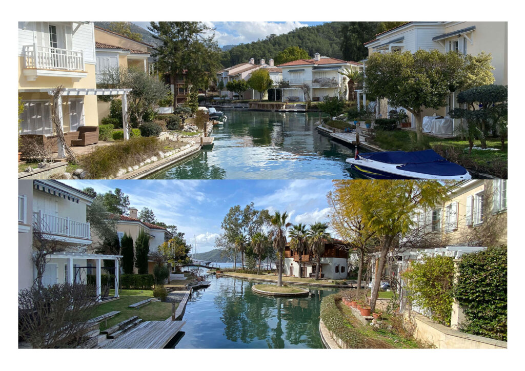 Portville’in kanal, villa ve deniz ilişkisini gösteren iki dış mekân görünümü