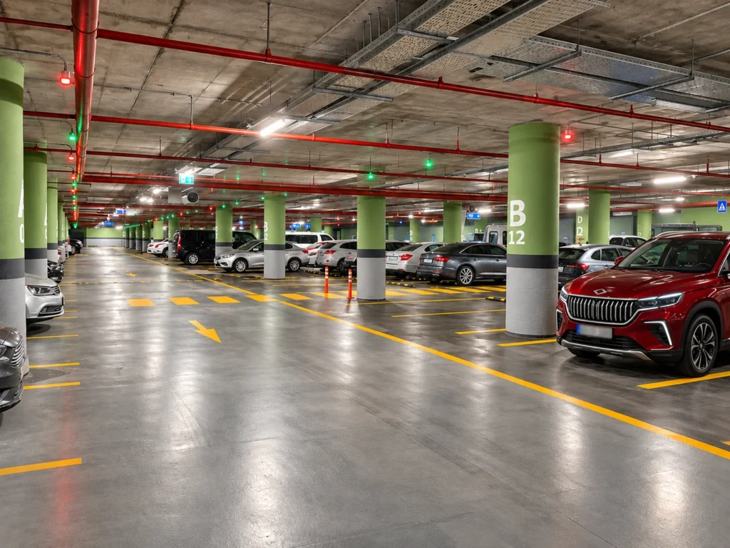 Mimar Sinan Zemin Altı Otoparkı’nda yeşil kolonlar, park yerleri ve araç koridoru