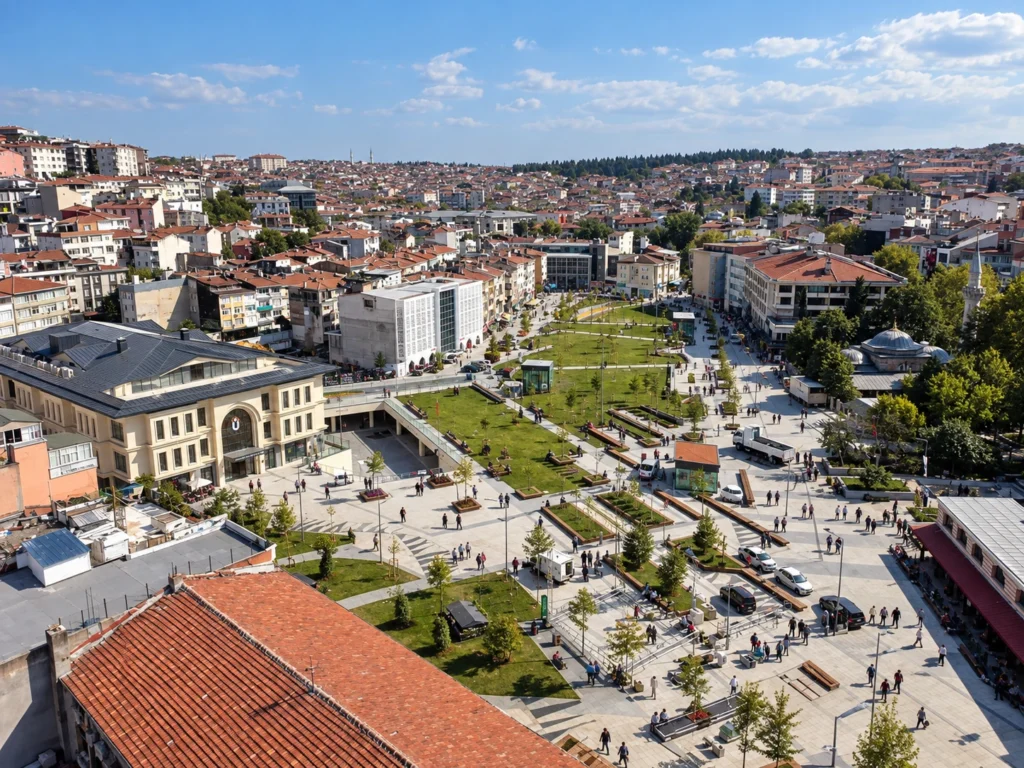 Mimar Sinan Meydanı’nın yeşil alanları, yaya yolları ve çarşı binasının havadan görünümü