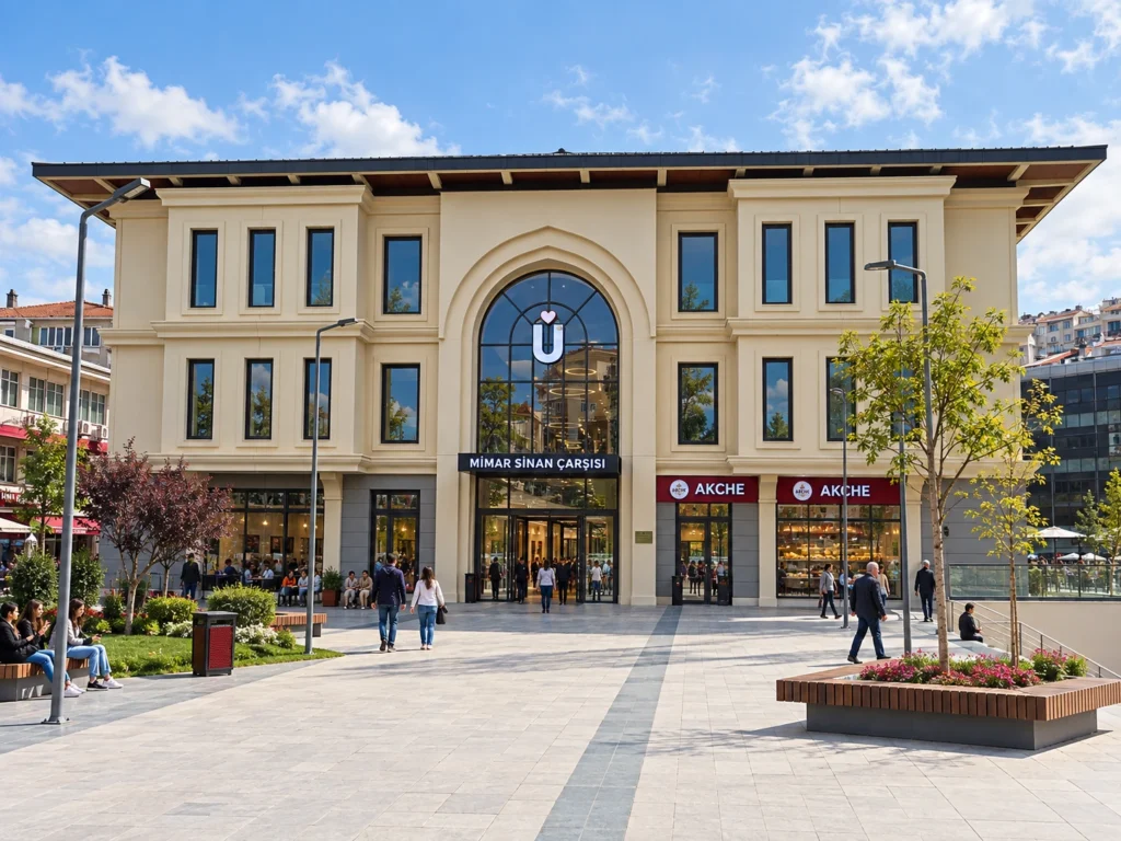 Mimar Sinan Çarşısı’nın kemerli ana girişi ve meydana bakan ön cephesi