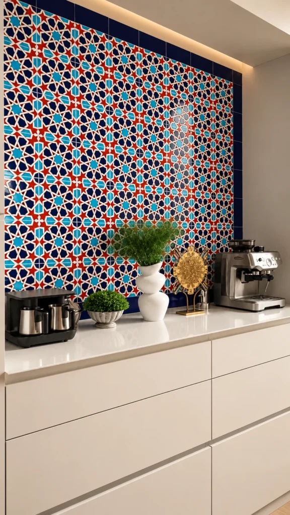 Cihangir Jones Apartmanı kitchenette alanında kahve köşesi ve çinili tezgâh arası