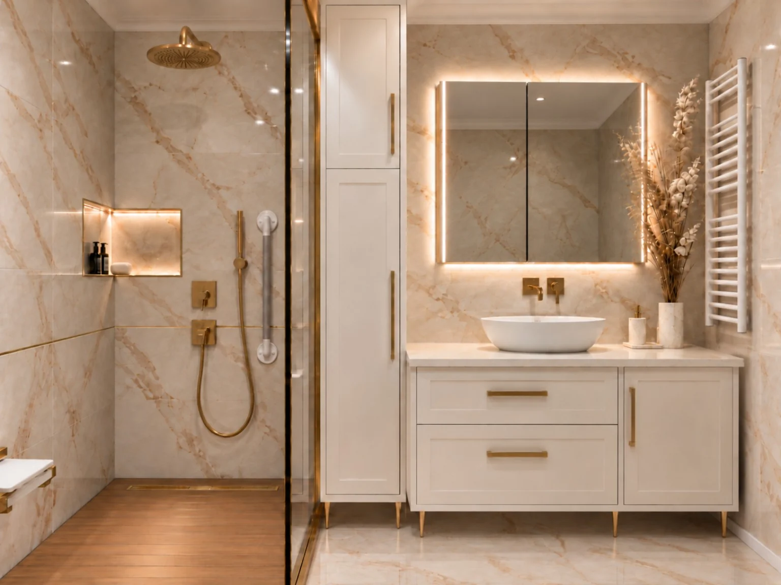 Kabataş S.E. Evi banyo yenilemesi; cam duş bölmesi, beyaz lavabo dolabı, altın detaylar ve aydınlatmalı ayna