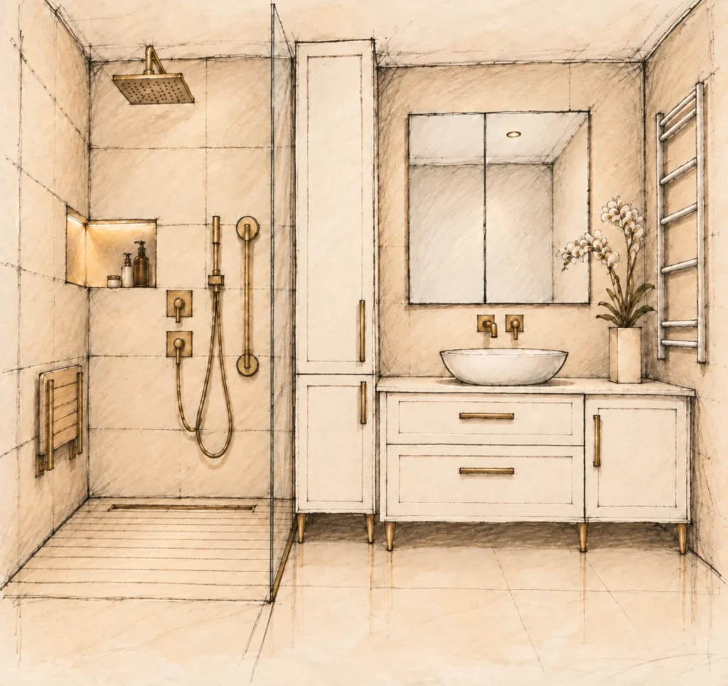 Kabataş S.E. Evi banyo tasarımının duş alanı ve lavabo cephesini gösteren mimari eskizi