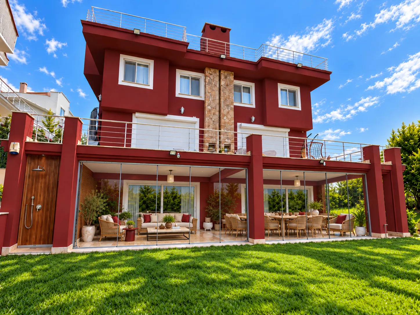 Şile Şelale Konakları ikiz villanın bordo arka cephesi, bahçe ve camlı kış bahçesi